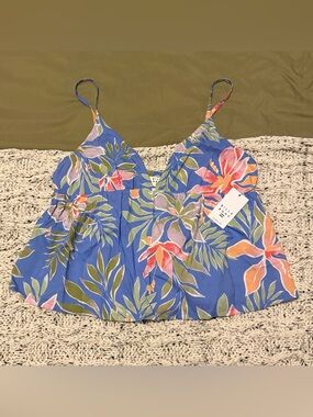 Medium Billabong Floral Blue V-Neck Camisole Tank Top Flowy Beach Tank